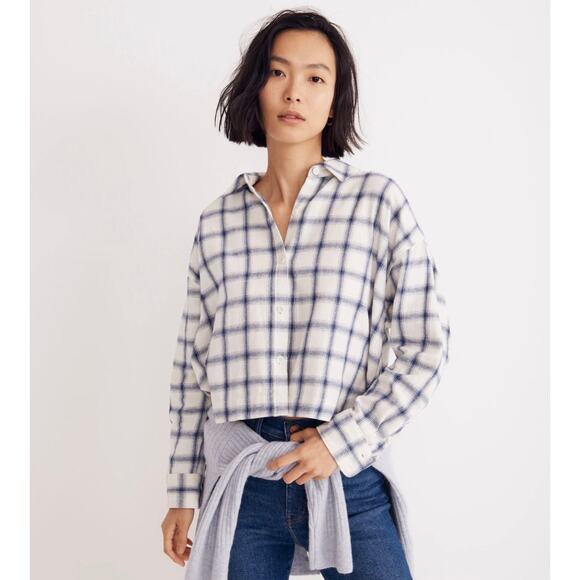 Madewell Flannel Shirt Hartfield Windowpane Cropped Blue Sz Medium NG885 - Picture 1 of 5